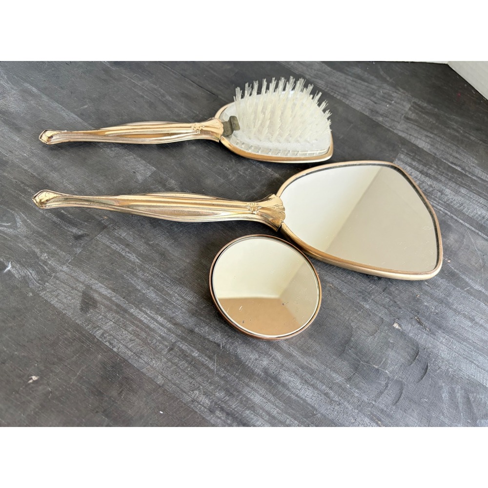 Vintage Gold Tone Floral Vanity Set Hand Mirror Hairbrush Compact 3 Piece Set
